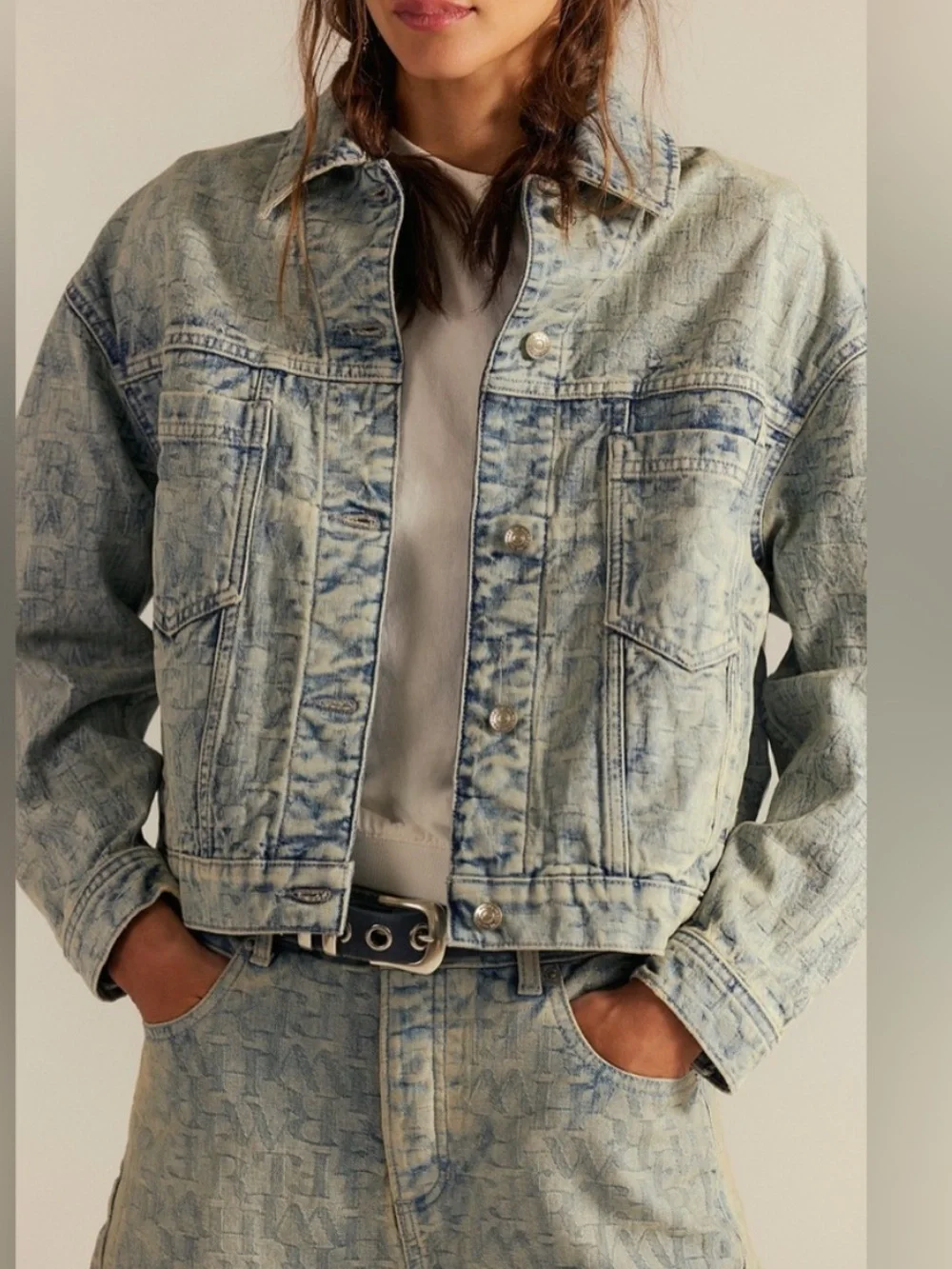 1461. FREE PEOPLE We The Free Opal Swing Jacquard Denim Jacket in Letters Wash - Picture 5 of 10